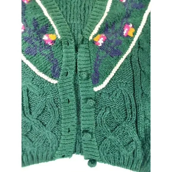 Vintage 90s IVY Handmade Knitted Green Floral Cardigan Sweater Sz L Grannycore - Picture 5 of 6